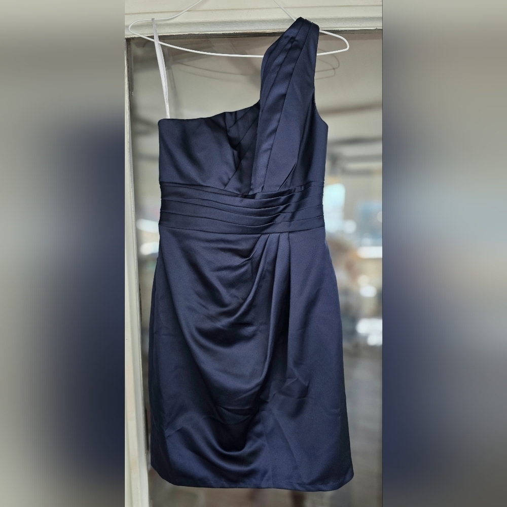 David's Bridal One Shoulder Navy Blue Dress Pleated Sz 6